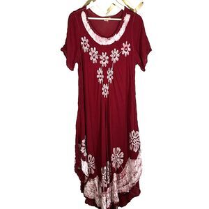 CW Classics Dress Size 1x Red Floral Embroidered Rayon India Boho Asymmetric Hem